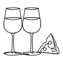Two wineglasses with piece of cheese continuous line drawn. Cheers toast symbol. Vector illustration isolated on white.	