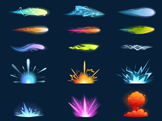 Blaster shoot effect. Game laser or plasma shooting effects for futuristic guns. Energy or power flame and explosions, vibrant sapid vector elements