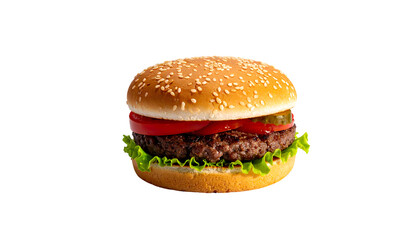 Juicy grilled beef patty nestled between a sesame seed bun, layered with crisp lettuce, ripe tomato slices, and tangy pickles (1)