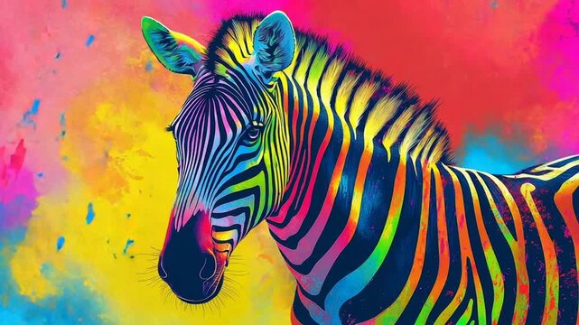 Colorful zebra with surreal neon stripes  