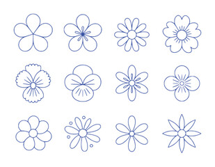 Collection of Simple Blue Line Art Flower Illustrations