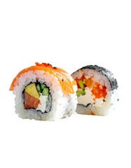 Two sushi rolls; one with salmon, avocado, and cream cheese; the other with salmon roe, avocado, and cream cheese, partially showing filling