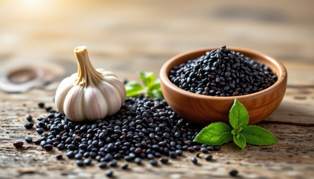 artistic composition of black garlic, black sesame, and black rice on a wooden surface emphasizing their health properties and vibrant antioxidant power in soft sunlight