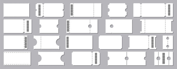 Blank ticket collection with coupons. Admission and entry tickets with barcodes and perforation lines