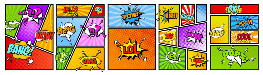 Comic panel collection with colorful speech bubbles. Bright backgrounds include text sounds and exclamations. Perfect for playful and popart design
