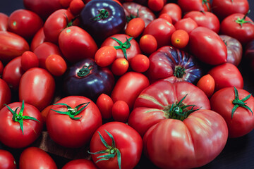 Close up of different varieties of fresh tomatoes, including cherry, heirloom, plum, and beefsteak, displayed together in vibrant colors.
