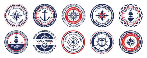 Columbus Day badge collection. Nautical emblems with anchors, compasses, and ships in patriotic colors © top dog
