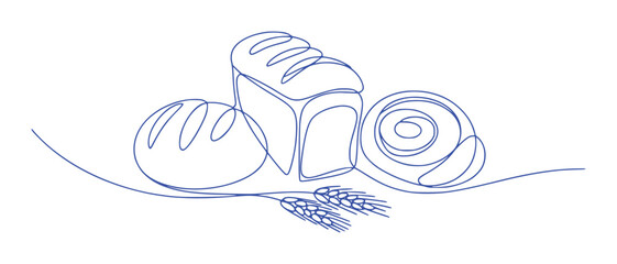 Minimalist Blue Line Art of Assorted Breads and Wheat Stalks