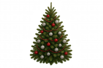 Christmas tree with red beads and silver and red baubles, celebrating christmas holiday season, transparent background