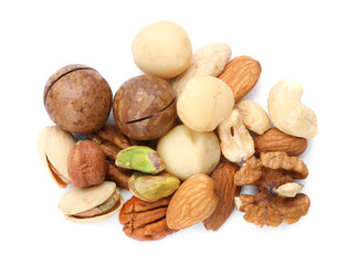 Mix of different nuts isolated on white, top view