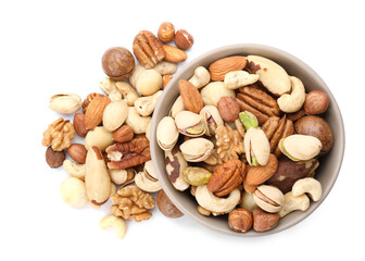 Mix of different nuts in bowl isolated on white, top view