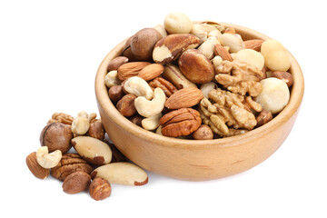 Mix of different nuts in bowl isolated on white