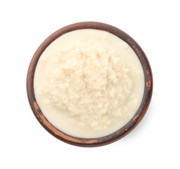 Tasty horseradish sauce in bowl isolated on white, top view