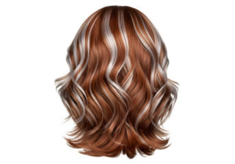 Wavy, highlighted hair in rich auburn and silvery tones displays a luxurious style against a black backdrop.