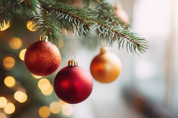 Fototapeta premium Christmas ornaments hanging on green fir tree