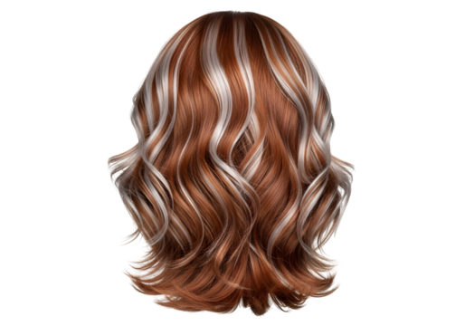 Wavy, highlighted hair in rich auburn and silvery tones displays a luxurious style against a black backdrop.