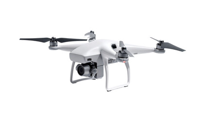 Sleek white quadcopter drone with four propellers, a gimbal-mounted camera, and a streamlined body, poised mid-flight