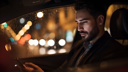 Man in car at night using phone mobile device smartphone taxi ride sharing service commute travel