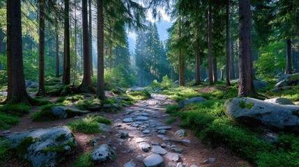 Fototapeta premium Sunlit Path Through Emerald Pine Forest with Rock Strewn Ground and Lush Greenery with Sunbeams Breaking Through Tall Trees