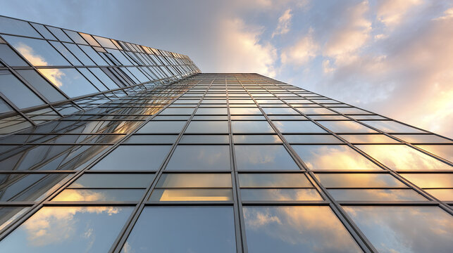 Modern glass office building reflects colorful sunset sky, creating stunning urban architectural scene with clean lines and peaceful atmosphere