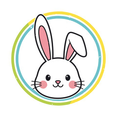 Obraz premium Cute cartoon white bunny rabbit face with pink ears and cheeks inside a colorful circle