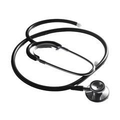 A black stethoscope, coiled neatly, with a silver chestpiece and earpieces, rests on a dark background