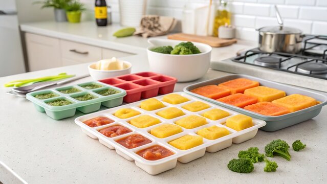 Colorful frozen baby food cubes in silicone trays awaiting mealtime in a cozy kitchen setting