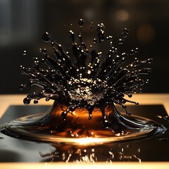 Captivating closeup of a black liquid splash, showcasing dynamic movement and intricate details against a dark backdrop
