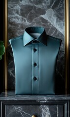 Elegant Teal Dress Shirt on Marble Stand with Gold Trimmed Frame Backdrop