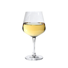 A clear glass of pale yellow white wine, partially full, sits on a black background