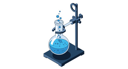 A science laboratory experiment with a round bottom flask boiling blue liquid on a stand.