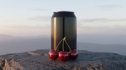 Matte black soda can with metallic finish placed on rugged stone surface beside glossy red cherries under soft evening sky
