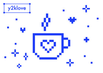 Pixel coffee cup with a heart. Hot drink icon. Minimalist cup of tea with steam on white bg with pixel art pattern of hearts, sparkles, stars. Abstract vector illustration for nostalgic digital design