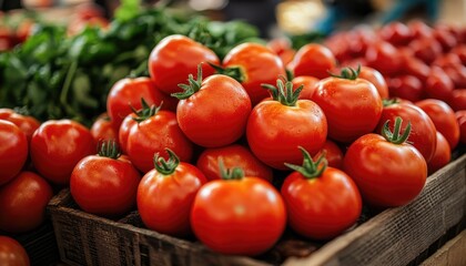 Fresh Tomatoes in Wooden Crate at Market Stall