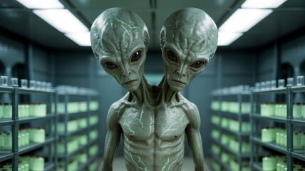 Bipedal two-headed alien with green glowing veins standing inside sterile futuristic laboratory filled with specimen jars on metal shelves