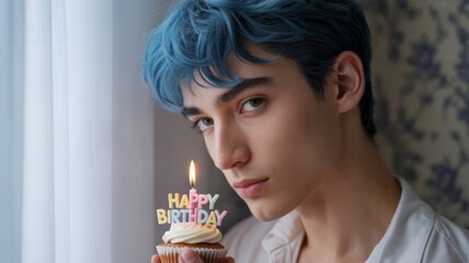 Young man with vibrant blue hair holding birthday cupcake with lit candle and colorful letters near window, close-up indoor portrait in soft light