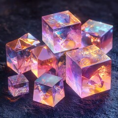 Iridescent Crystal Cubes with Geometric Facets on Dark Textured Surface