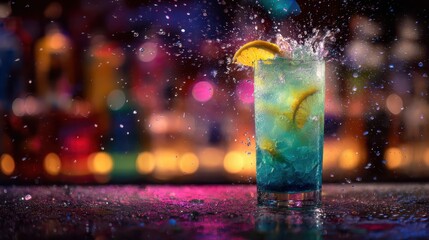 Bright blue cocktail with lemon splash in bar setting, bokeh lights. Use for party invites, happy hour specials, and nightlife promotions.