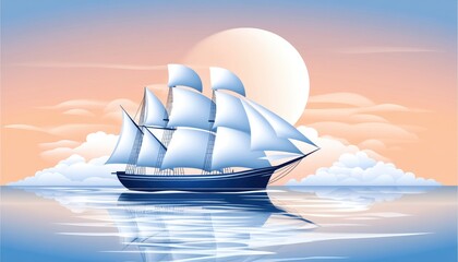 Majestic Sailing Ship at Sunset, Calm Ocean, Full Moon