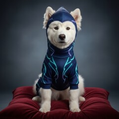 White fluffy dog wearing futuristic alien blue bodysuit with glowing lines and hood sitting on red cushion against studio background
