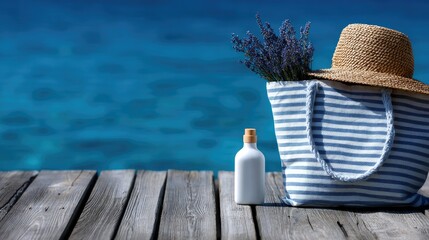 Obraz premium Summer Beach Essentials on Weathered Wooden Planks with Blue Water and Sky Background Featuring Sunscreen Straw Hat and Lavender in a Blue Striped Bag