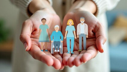 Diversas familias de papel en manos, protección de seguros y el entorno de apoyo de un hogar de ancianos