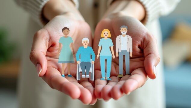 Diversas familias de papel en manos, protección de seguros y el entorno de apoyo de un hogar de ancianos