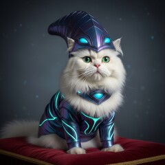White long-haired cat with bright green eyes wearing futuristic purple and blue glowing armor and helmet, posed regally on red velvet cushion in dark studio background