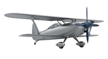 Isolated biplane model airplane, blue propeller and silver body, ready for flight design concept