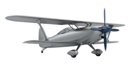 Isolated biplane model airplane, blue propeller and silver body, ready for flight design concept