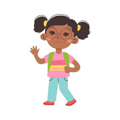 School girl cute dark skin character wearing backpack. Colorful vector illustration in flat style