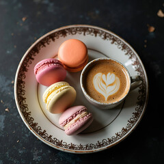 Multicolored French macarons in a plate, next to a cappuccino, against a black vintage background. Top view.