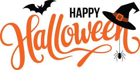 Halloween typography illustration, spooky script bat witch hat hanging spider festive clean background, cheerful seasonal design, vector clipart artwork