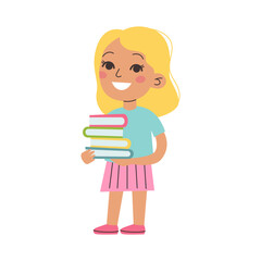 School girl cute blonde character holding books. Colorful vector illustration in flat style